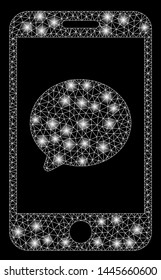 Glossy mesh smartphone chat message with sparkle effect. Abstract illuminated model of smartphone chat message icon. Shiny wire carcass polygonal mesh smartphone chat message.