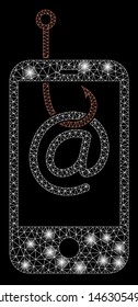 Glossy mesh smartphone email phishing with glare effect. Abstract illuminated model of smartphone email phishing icon. Shiny wire carcass polygonal mesh smartphone email phishing.