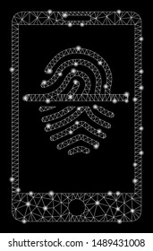 Glossy mesh smartphone fingerprint scanner with glow effect. Abstract illuminated model of smartphone fingerprint scanner icon. Shiny wire carcass polygonal network smartphone fingerprint scanner.