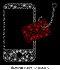 Glossy mesh smartphone message phishing with glare effect. Abstract illuminated model of smartphone message phishing icon. Shiny wire carcass polygonal network smartphone message phishing.