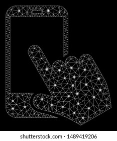 Glossy mesh smartphone point with glitter effect. Abstract illuminated model of smartphone point icon. Shiny wire carcass triangular mesh smartphone point. Vector abstraction on a black background.