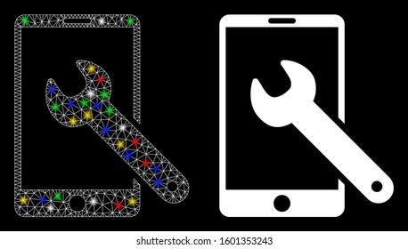 Glossy mesh smartphone setup wrench icon with sparkle effect. Abstract illuminated model of smartphone setup wrench. Shiny wire frame triangular mesh smartphone setup wrench icon.