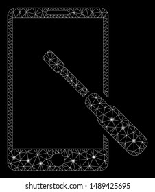Glossy mesh smartphone tuning screwdriver with lightspot effect. Abstract illuminated model of smartphone tuning screwdriver icon. Shiny wire frame polygonal network smartphone tuning screwdriver.