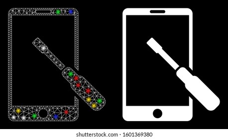 Glossy mesh smartphone tuning screwdriver icon with glare effect. Abstract illuminated model of smartphone tuning screwdriver. Shiny wire carcass triangular mesh smartphone tuning screwdriver icon.