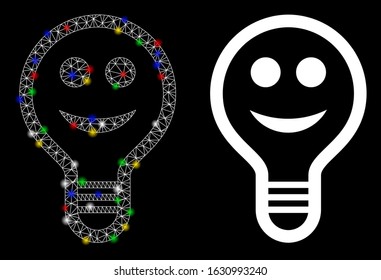Glossy mesh smile bulb icon with glitter effect. Abstract illuminated model of smile bulb. Shiny wire carcass triangular mesh smile bulb icon. Vector abstraction on a black background.