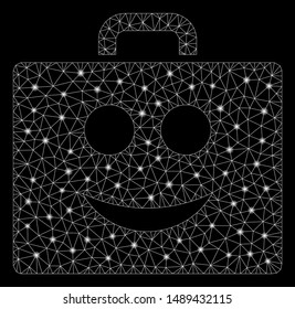 Glossy mesh smile case with glitter effect. Abstract illuminated model of smile case icon. Shiny wire carcass triangular mesh smile case. Vector abstraction on a black background.