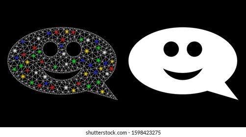 Glossy mesh smile chat message icon with glitter effect. Abstract illuminated model of smile chat message. Shiny wire frame polygonal mesh smile chat message icon.