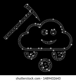 Glossy mesh smile cloud mining with glow effect. Abstract illuminated model of smile cloud mining icon. Shiny wire frame polygonal network smile cloud mining. Vector abstraction on a black background.