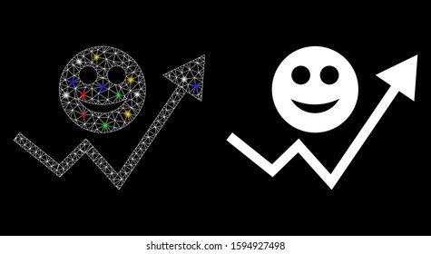 Glossy mesh smile growing trend icon with glow effect. Abstract illuminated model of smile growing trend. Shiny wire carcass triangular mesh smile growing trend icon.