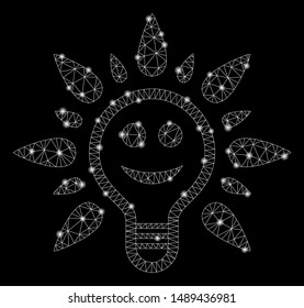 Glossy mesh smile light bulb with glare effect. Abstract illuminated model of smile light bulb icon. Shiny wire carcass polygonal mesh smile light bulb. Vector abstraction on a black background.