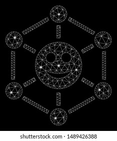 Glossy mesh smile network with glitter effect. Abstract illuminated model of smile network icon. Shiny wire frame triangular network smile network. Vector abstraction on a black background.
