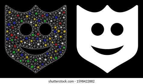 Glossy mesh smile shield icon with sparkle effect. Abstract illuminated model of smile shield. Shiny wire carcass polygonal mesh smile shield icon. Vector abstraction on a black background.