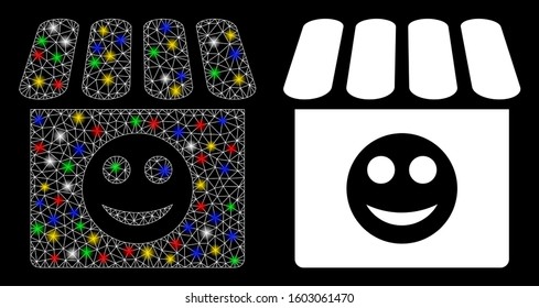 Glossy mesh smile shop icon with glitter effect. Abstract illuminated model of smile shop. Shiny wire carcass polygonal mesh smile shop icon. Vector abstraction on a black background.