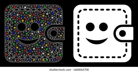 Glossy mesh smiled wallet icon with glare effect. Abstract illuminated model of smiled wallet. Shiny wire frame triangular network smiled wallet icon. Vector abstraction on a black background.