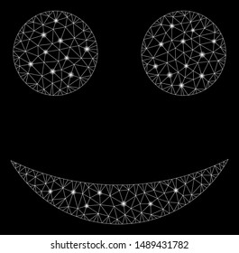 Glossy mesh smiley with sparkle effect. Abstract illuminated model of smiley icon. Shiny wire carcass triangular mesh smiley. Vector abstraction on a black background.