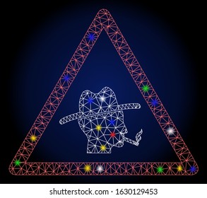 Glossy mesh smoker warning with glare effect. Abstract illuminated model of smoker warning. Shiny wire carcass triangular mesh smoker warning icon.