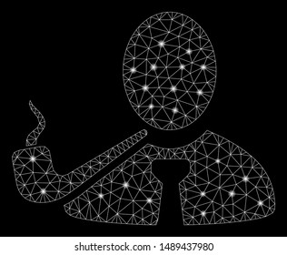 Glossy mesh smoking detective with lightspot effect. Abstract illuminated model of smoking detective icon. Shiny wire frame polygonal mesh smoking detective. Vector abstraction on a black background.