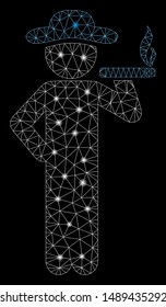 Glossy mesh smoking gentleman with sparkle effect. Abstract illuminated model of smoking gentleman icon. Shiny wire carcass polygonal mesh smoking gentleman. Vector abstraction on a black background.