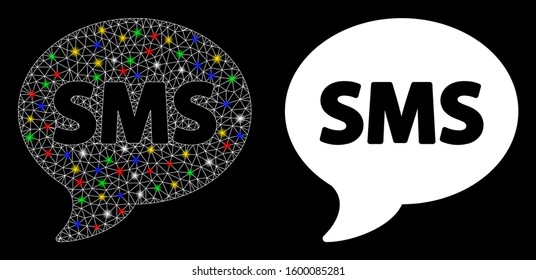 Glossy mesh SMS icon with lightspot effect. Abstract illuminated model of SMS. Shiny wire carcass triangular mesh SMS icon. Vector abstraction on a black background.