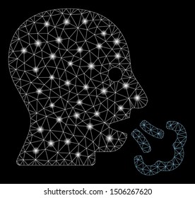 Glossy mesh sneeze with glow effect. Abstract illuminated model of sneeze icon. Shiny wire frame triangular mesh sneeze. Vector abstraction on a black background.