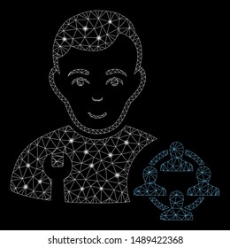 Glossy mesh social engineer with glow effect. Abstract illuminated model of social engineer icon. Shiny wire carcass triangular network social engineer. Vector abstraction on a black background.