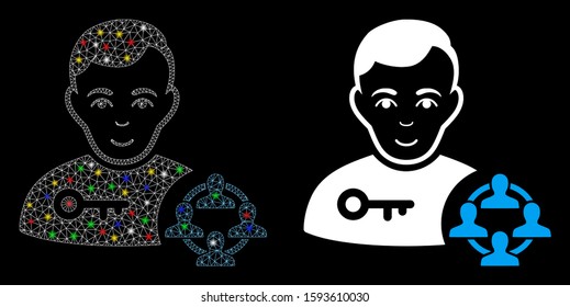 Glossy mesh social engineer icon with glitter effect. Abstract illuminated model of social engineer. Shiny wire frame polygonal mesh social engineer icon. Vector abstraction on a black background.