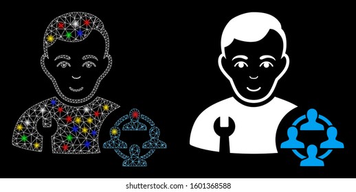 Glossy mesh social engineer icon with glare effect. Abstract illuminated model of social engineer. Shiny wire carcass triangular mesh social engineer icon. Vector abstraction on a black background.