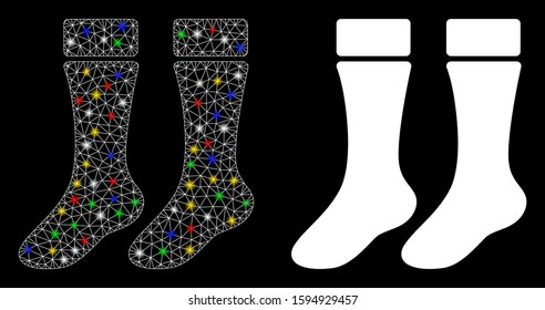 Glossy mesh socks icon with glitter effect. Abstract illuminated model of socks. Shiny wire frame triangular mesh socks icon. Vector abstraction on a black background.