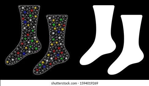 Glossy mesh socks icon with lightspot effect. Abstract illuminated model of socks. Shiny wire carcass polygonal network socks icon. Vector abstraction on a black background.