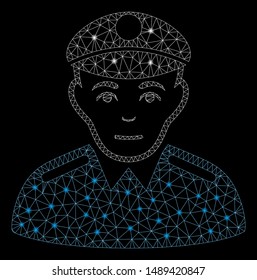 Glossy mesh soldier with glare effect. Abstract illuminated model of soldier icon. Shiny wire frame polygonal mesh soldier. Vector abstraction on a black background.