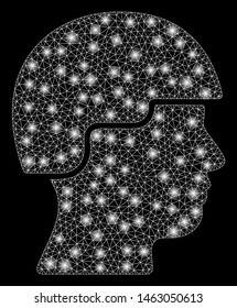 Glossy mesh soldier with glitter effect. Abstract illuminated model of soldier icon. Shiny wire carcass triangular network soldier. Vector abstraction on a black background.