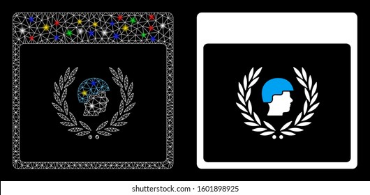 Glossy mesh soldier laurel wreath calendar page icon with glitter effect. Abstract illuminated model of soldier laurel wreath calendar page.