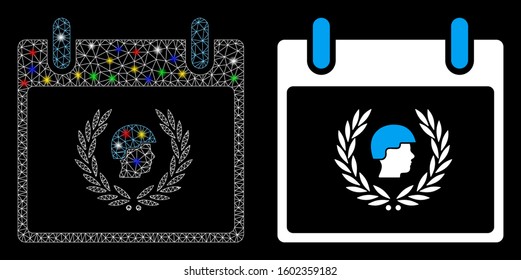 Glossy mesh soldier laurel wreath calendar day icon with glare effect. Abstract illuminated model of soldier laurel wreath calendar day.