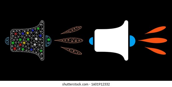 Glossy mesh sound speaker icon with glitter effect. Abstract illuminated model of sound speaker. Shiny wire frame triangular mesh sound speaker icon. Vector abstraction on a black background.