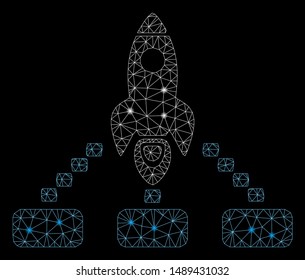 Glossy mesh space rocket collaboration with glitter effect. Abstract illuminated model of space rocket collaboration icon. Shiny wire carcass triangular network space rocket collaboration.