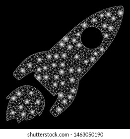 Glossy mesh space rocket with glare effect. Abstract illuminated model of space rocket icon. Shiny wire carcass triangular mesh space rocket. Vector abstraction on a black background.
