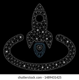 Glossy mesh space rocket launch area with glow effect. Abstract illuminated model of space rocket launch area icon. Shiny wire frame triangular mesh space rocket launch area.