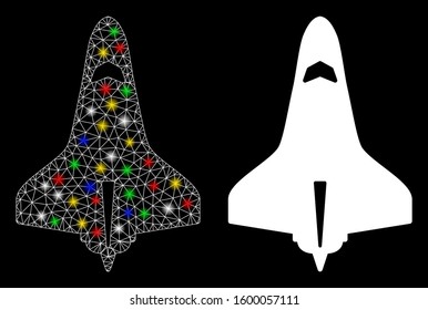 Glossy mesh space shuttle icon with glow effect. Abstract illuminated model of space shuttle. Shiny wire frame polygonal mesh space shuttle icon. Vector abstraction on a black background.