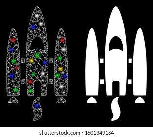Glossy mesh space shuttle icon with glow effect. Abstract illuminated model of space shuttle. Shiny wire carcass polygonal mesh space shuttle icon. Vector abstraction on a black background.
