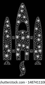 Glossy mesh space shuttle with lightspot effect. Abstract illuminated model of space shuttle icon. Shiny wire frame triangular mesh space shuttle. Vector abstraction on a black background.