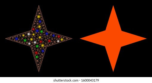 Glossy mesh space star icon with glow effect. Abstract illuminated model of space star. Shiny wire carcass triangular mesh space star icon. Vector abstraction on a black background.