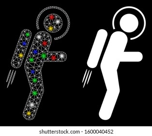Glossy mesh spaceman jet suit icon with glitter effect. Abstract illuminated model of spaceman jet suit. Shiny wire carcass triangular mesh spaceman jet suit icon.