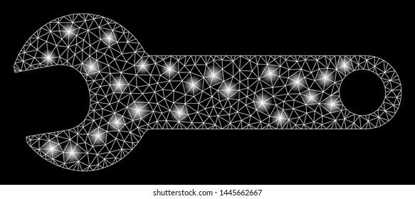 Glossy mesh spanner with lightspot effect. Abstract illuminated model of spanner icon. Shiny wire carcass triangular mesh spanner. Vector abstraction on a black background.
