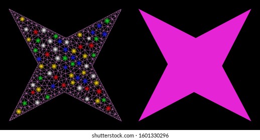 Glossy mesh sparkle star icon with glitter effect. Abstract illuminated model of sparkle star. Shiny wire frame polygonal mesh sparkle star icon. Vector abstraction on a black background.