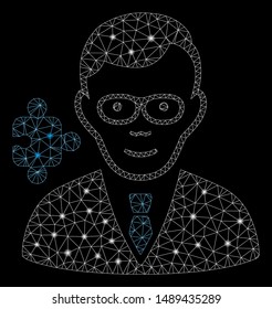 Glossy mesh specialist with sparkle effect. Abstract illuminated model of specialist icon. Shiny wire carcass polygonal mesh specialist. Vector abstraction on a black background.
