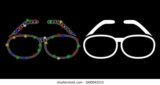 Glossy mesh spectacles icon with glitter effect. Abstract illuminated model of spectacles. Shiny wire frame triangular mesh spectacles icon. Vector abstraction on a black background.