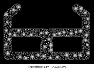 Glossy mesh spectacles with sparkle effect. Abstract illuminated model of spectacles icon. Shiny wire frame polygonal mesh spectacles. Vector abstraction on a black background.