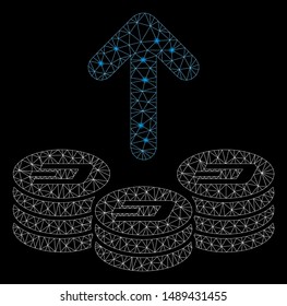 Glossy mesh spend Dash coins with glow effect. Abstract illuminated model of spend Dash coins icon. Shiny wire frame polygonal mesh spend Dash coins. Vector abstraction on a black background.