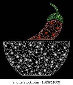 Glossy mesh spicy food with lightspot effect. Abstract illuminated model of spicy food icon. Shiny wire frame triangular mesh spicy food. Vector abstraction on a black background.