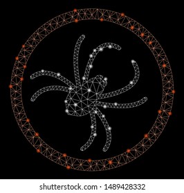 Glossy mesh spider with glare effect. Abstract illuminated model of spider icon. Shiny wire carcass triangular mesh spider. Vector abstraction on a black background.